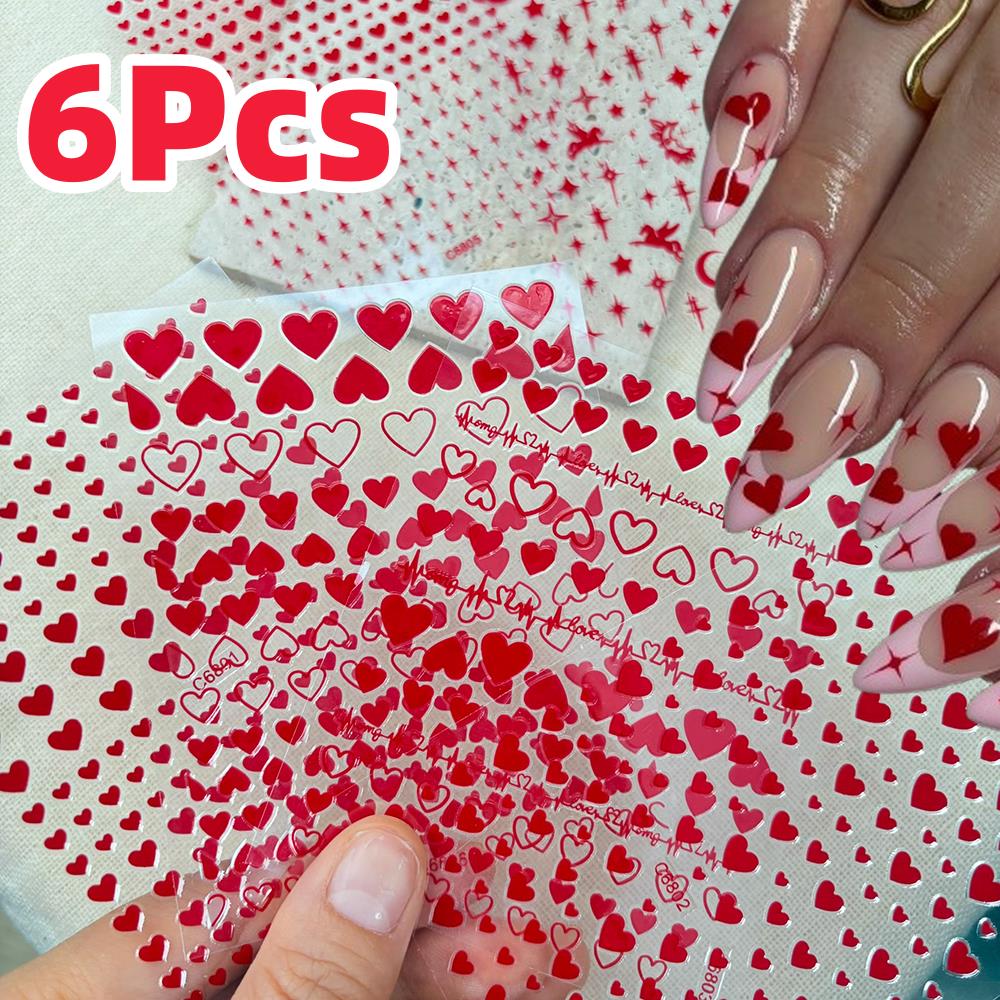 Nail Art Valentine - 6Pcs/Set Red Love-Heart Valentines Day Nail